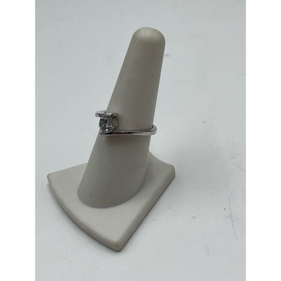 Sterling Silver 925 Rhodium Round Bezel CZ Solitaire Ring Sz 7.5 - Picture 5 of 13